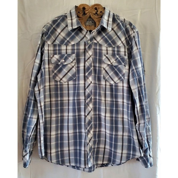 Chalc Western Shirt Plaid Blue And Black Button Up Size XL Pearl Snap Pockets - Picture 1 of 4